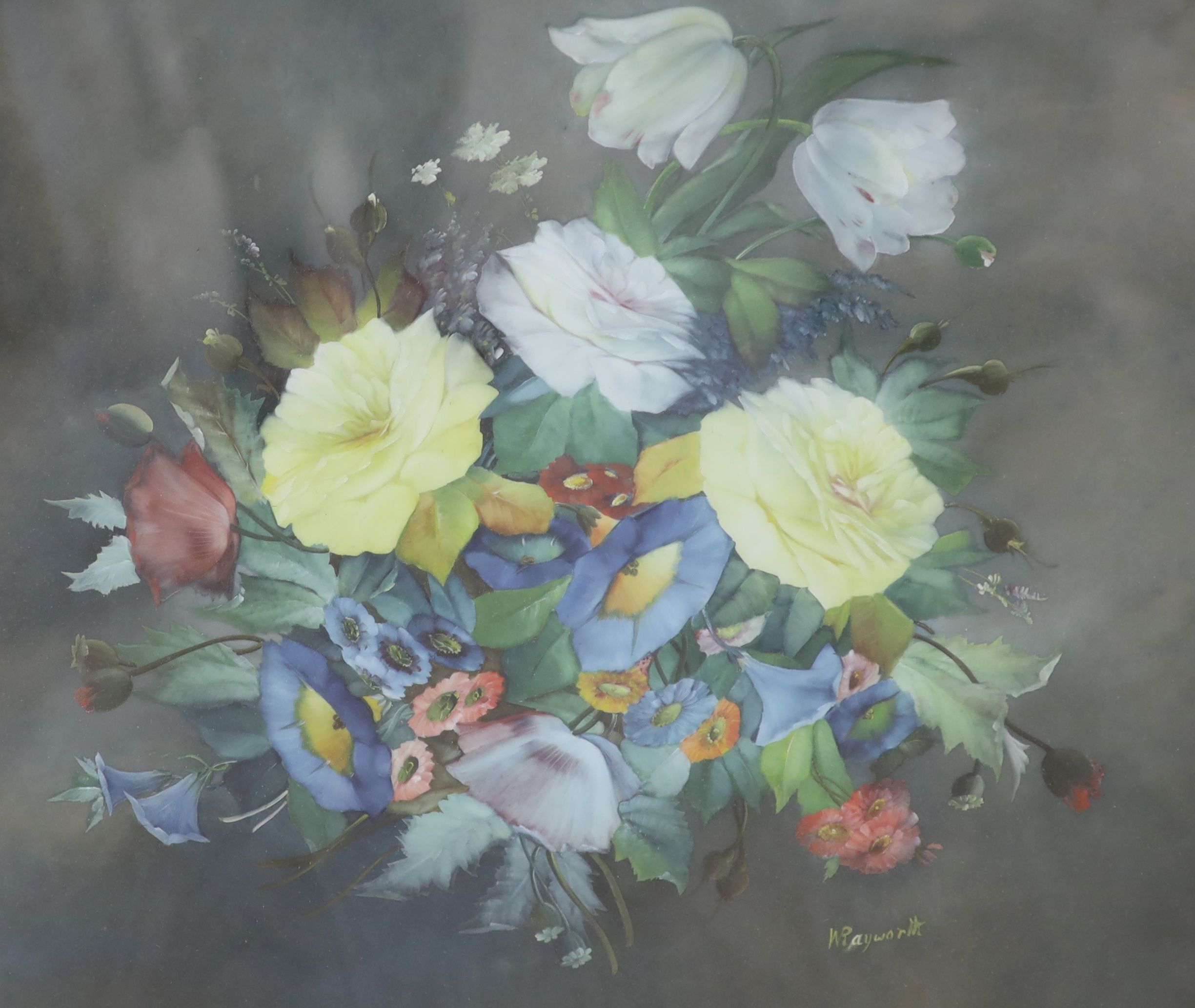 William Rayworth (19th/20th century), oil on opaque glass, 'Still life study of mixed flowers', signed, 46 x 53.5cm